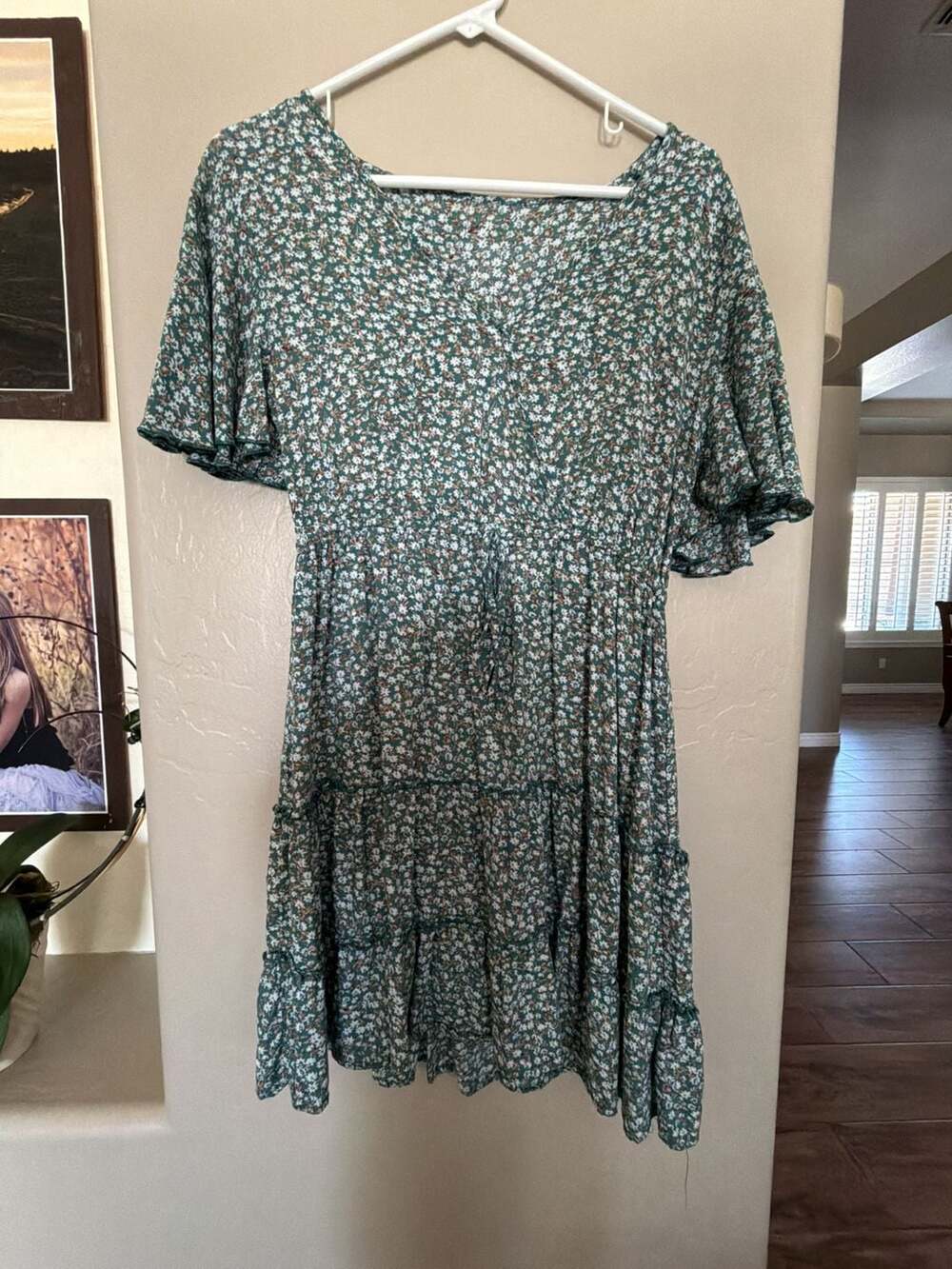 Breezaya Ladies V-Neck Lace Trim Floral Print Dress With Gathered Waist